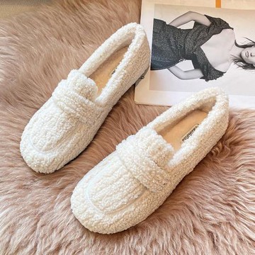 網紅毛毛鞋配裙子氣質單鞋平底羊羔毛豆豆鞋加絨棉鞋34小碼女鞋33