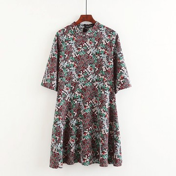 時尚立領新款碎花修身連衣裙 女 夏季韓版喇叭袖中長打底裙E/12-4