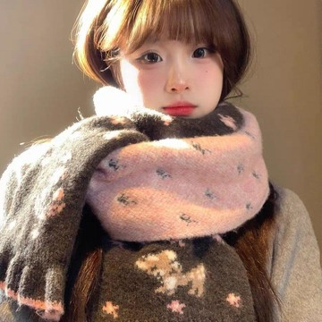 熱銷🔥 圍巾 百搭 韓版 聖誕禮物 新年可愛小鹿碎花軟糯雙面針織圍巾女秋冬季保暖加厚防寒學生護頸圍脖