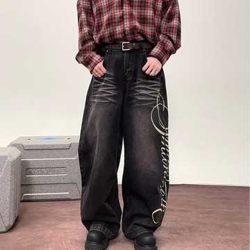 秋季新款街頭休閒百搭寬褲男美式設計感寬鬆解構彎刀牛仔褲男