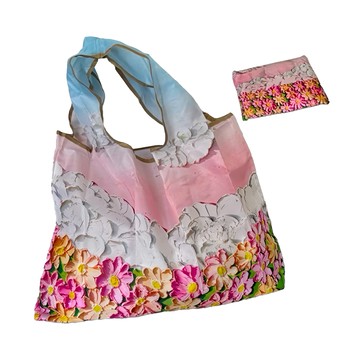 FIFIOO 超質感厚實環保摺疊購物袋油畫款 - 210D加密牛津布  58 x 40cm  粉底花朵