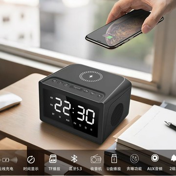 無線充音箱 時鐘無線充 鬧鐘收音機酒店床頭企業禮品音響桌面音響【Snowbelle優選】