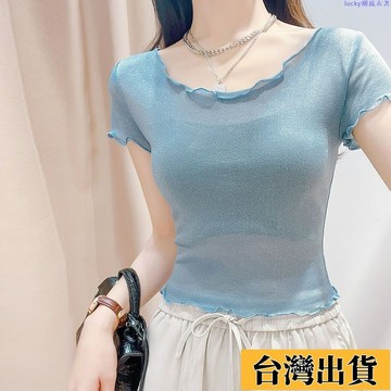 🌷新店優惠🌷夏季新款時尚休閑百搭韓版亮絲超仙打底網紗薄款內搭上衣女短袖衫 長袖上衣 顯瘦上衣 打底上衣 長袖t恤 女