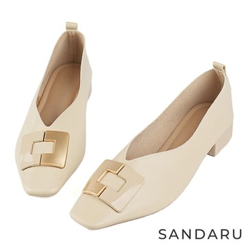 山打努SANDARU-跟鞋 方頭拼色方扣淺口低跟鞋-杏