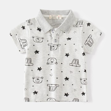 WELLKIDS - 純棉休閒翻領短袖上衣-星星熊熊車車-灰色