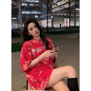 扎染短袖t恤女夏裝2025新款設計感小眾中長款ins潮牌純棉網紅港風