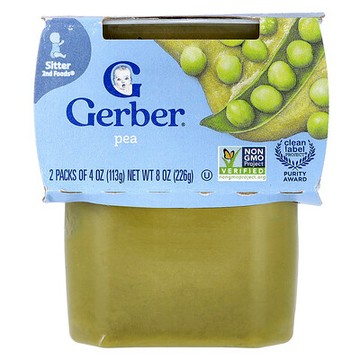 Gerber, 嬰幼兒天然食品，2 階段輔食®，豌豆，2 包，每包 4 盎司（113 克）