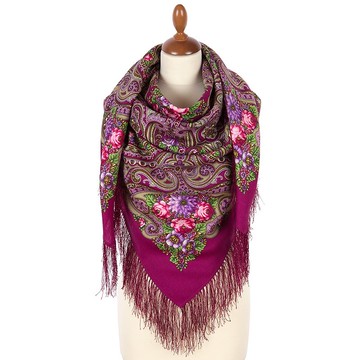 Pavlovo Posad 俄羅斯披肩 100% 羊毛圍巾 125x125 公分 絲綢流蘇 款式 2034-6