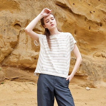 棉麻條紋前印花小船領上衣