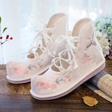 原創新款古風鞋子女漢服鞋平底系帶公主配古裝鞋淡雅中國風繡花鞋