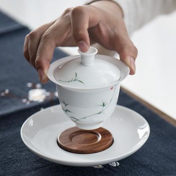 聞說|景德鎮市青竹三才蓋碗 純手繪釉下彩陶瓷白瓷茶具茶杯茶碗