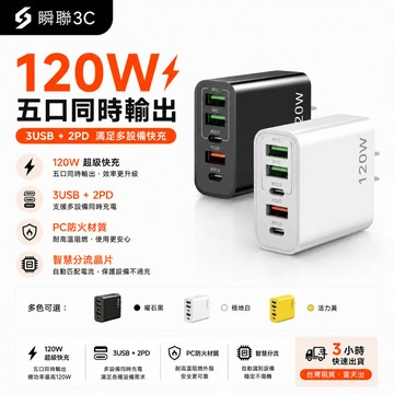 臺灣閃發+隔日達🔥120W五孔氮化鎵充電器  PD充電頭 適用華為安卓 豆腐頭 多孔充電頭