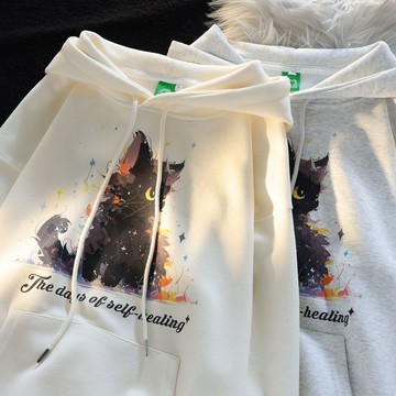奶係小貓印花  保暖帽T  連帽衛衣女  秋冬季寬鬆大學T  韓版多巴胺穿搭  加絨加厚  大尺碼上衣服 5XHA