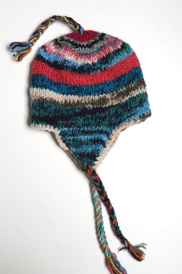 湖水藍綠撞色純羊毛線手工編織半襯防風毛帽子護耳帽|保暖民族風