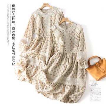 凜美秋季新款日系亞麻棉印花連衣裙抽繩收腰刺繡花邊甜美減齡長裙