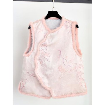 雙面穿新中式國風夾棉馬甲女冬季復古洋氣減齡提花水貂毛斜襟外套