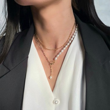 友善金屬過敏 6way 最高品質淡水珍珠 珍珠 橢圓鍊 頸鍊 手術級不鏽鋼 防過敏 防過敏 珍珠項鍊