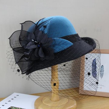 韓版秋冬新品毛氈帽立體網紗花朵羊毛呢赫本禮帽女士英倫時尚盆帽