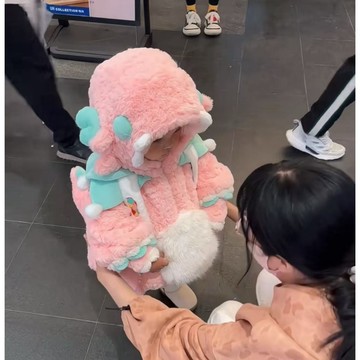 2025女童冬裝可愛小恐龍套裝加絨加厚保暖皮草外套兒童時尚設計感厚絨上衣褲子一套百搭寶貝洋氣外出服