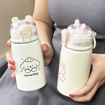 高顏值兒童吸管杯簡約風316不銹鋼便攜水杯 女生卡通小笨熊保溫杯