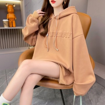 La Belleza美式休閒浮雕英文字連帽抽繩內裡加絨加厚保暖寬鬆厚棉帽T