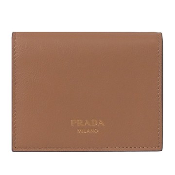 PRADA 1MV204 燙金烙印LOGO對開扣式零錢短夾.咖色