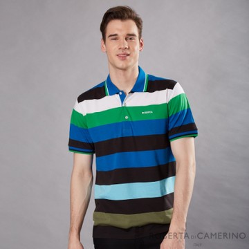 ROBERTA諾貝達 台灣製 配色寬條紋短袖POLO棉衫 藍綠