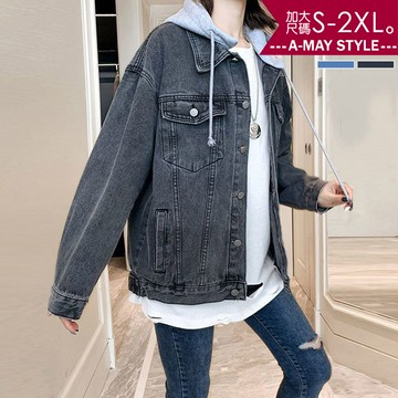 加大碼連帽外套 時髦拼色休閒寬鬆連帽牛仔外套(S-2XL)【XG250850】＊艾美時尚(現+預)