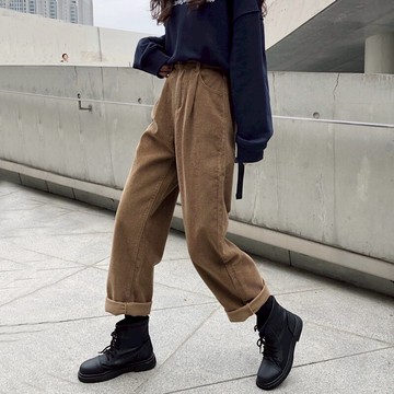 咖色燈芯絨褲子女2021新款秋冬長褲學生韓版加厚直筒女褲原宿風潮