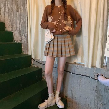 秋裝百搭寬松卡通小熊針織開衫毛衣外套+百褶半身短裙套裝女1入