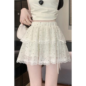 【砂糖夢境】洋氣少女感波點蕾絲半身裙2025夏季新款甜美蝴蝶結綁帶蛋糕短裙女
