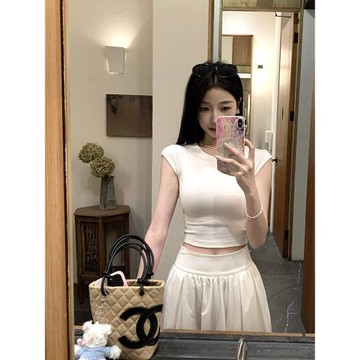 enerqe popche簡單美 白色圓領短款正肩T恤女夏季修身短袖上衣