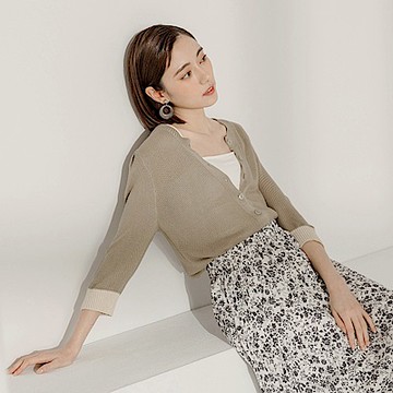 針織撞色開襟圓領拋袖上衣/外套-OB大尺碼