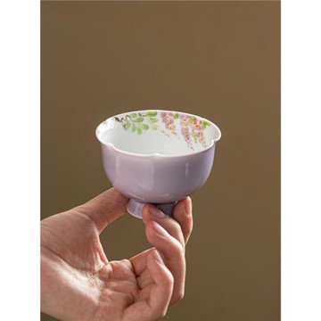 陶瓷手繪高足葵口花邊主人杯紫色杯女生精致功夫茶具喝茶專用單杯