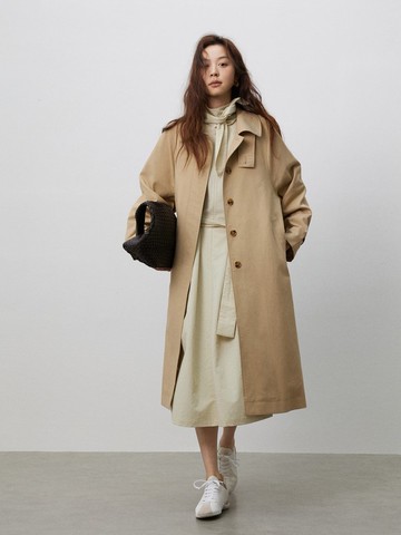 卡其色 南國之詩 知識分子翻領風衣 中長款氣質外套