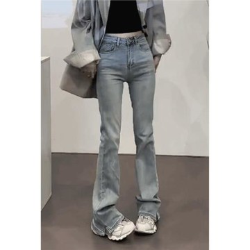淺藍色開叉喇叭牛仔褲女2025新款爆款高腰彈力顯瘦拖地馬蹄微喇褲