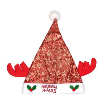 摩達客 耶誕派對閃亮金雪花金蔥布小牛角  聖誕帽 紅色 + 白色 + 金色  1個