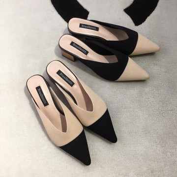 網紅同款拼色飛織線尖頭穆勒鞋百搭英倫風尖頭粗跟半拖鞋女包頭鞋