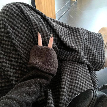 寬鬆格子高腰毛呢休閒褲(預購)pn003119