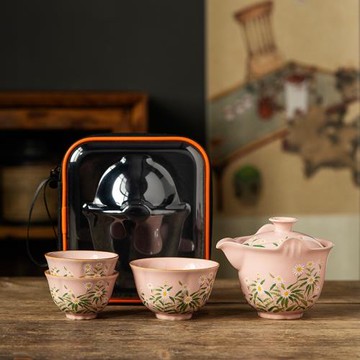 粉汝快客杯一壺三杯個人專用汝窯旅行茶具套裝戶外便攜式喝茶裝備