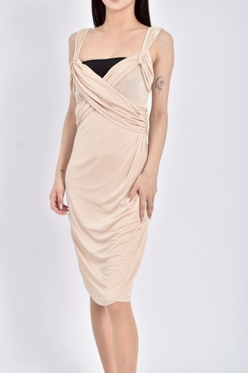 (S) mango質感緞面無袖杏色洋裝