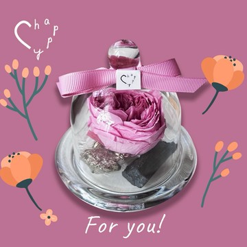 新年快樂開運禮盒組🐎【C happy】庭園玫瑰永生花玻璃盆禮+ 3顆原礦水晶