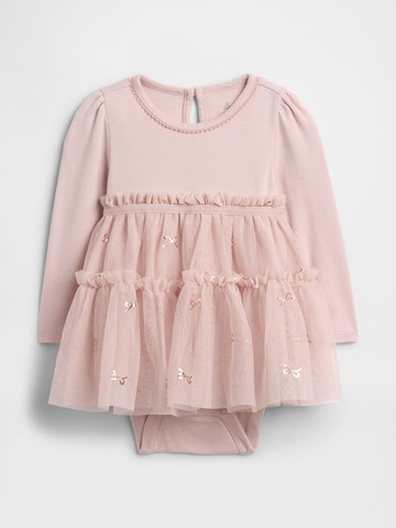 嬰兒裝 圓領長袖紗裙包屁衣-粉色