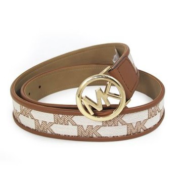 MICHAEL KORS 鏤空大圓標Logo緹花MK搭配皮革35mm雙面翻轉皮帶(咖啡色)