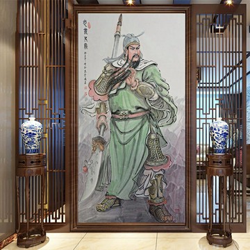 關公關羽背景墻紙壁客廳武館寺玄關中堂走廊過道紙中式壁畫定制