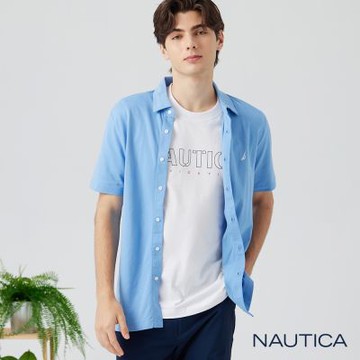 Nautica 男裝 休閒純色短袖襯衫-水藍色