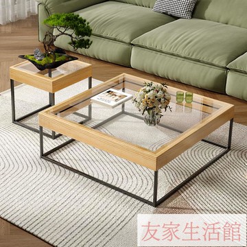 實木茶幾家用防爆鋼化玻璃小戶型現代簡約極簡風鐵藝方形茶桌 YJ/102 快速出貨