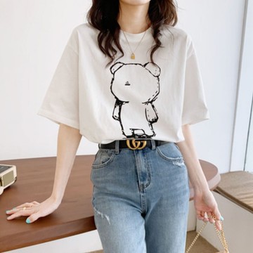 La Belleza圓領小熊印花棉質T恤