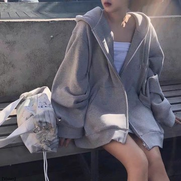 大碼女裝胖mm灰色長袖連帽衛衣女秋季外套寬鬆港風上衣潮