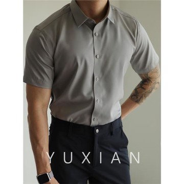 YUXIAN余閑絲綢短袖襯衫抗皺免燙易打理休閑商務純色男士春夏季